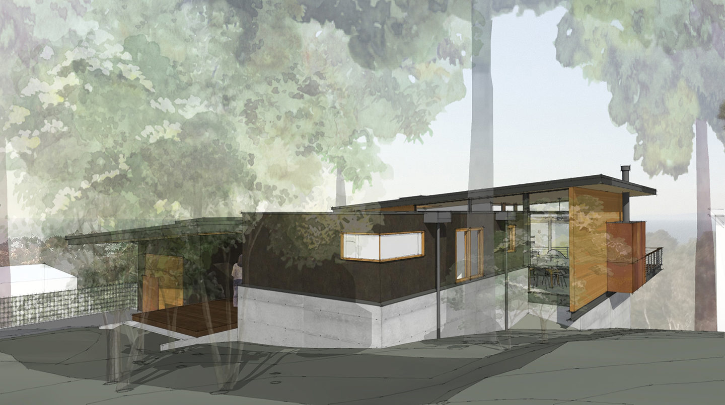 Exterior rendering of a modern custom home in Pacific Grove, California