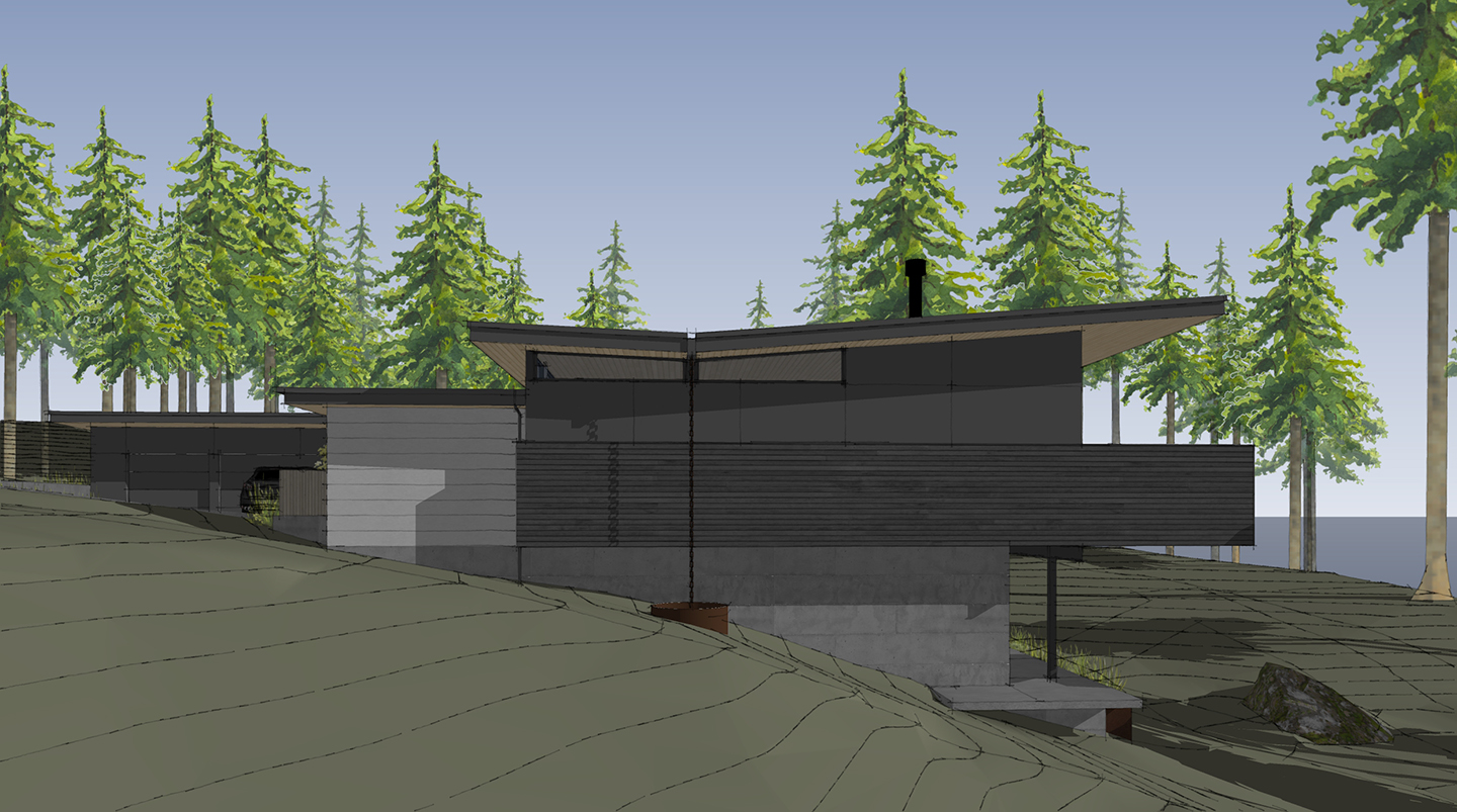 Exterior rendering of modern Edmonds custom home with views of Puget Sound