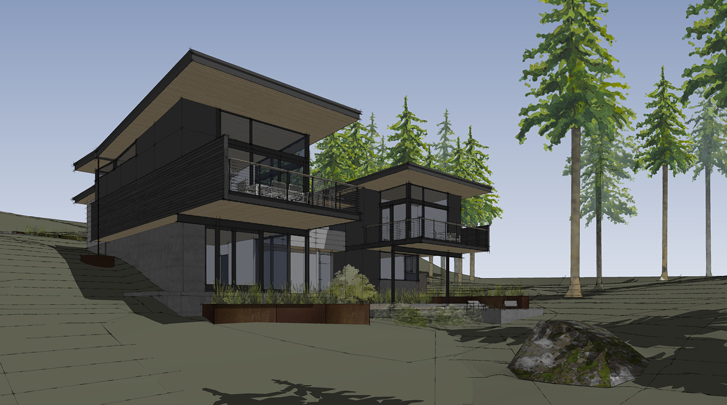 Exterior rendering of modern Edmonds custom home with views of Puget Sound